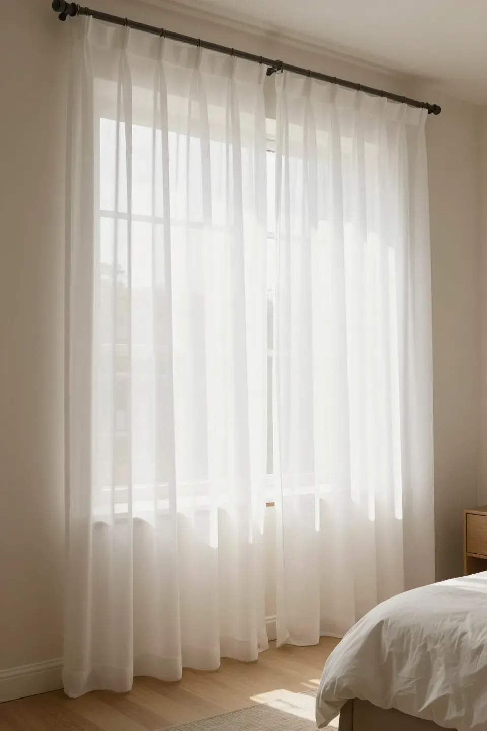 A bright bedroom with sheer curtains enhancing natural light for an airy feel.