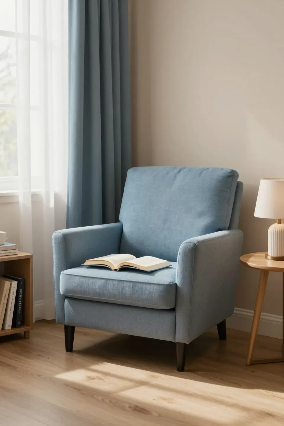 Cozy reading nook in a blue and beige bedroom with a soft blue armchair and bookshelf.