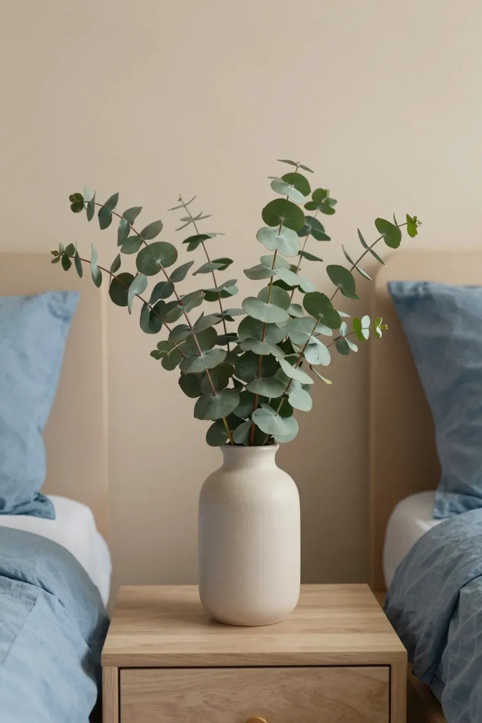 Nightstand with a vase of eucalyptus stems in a blue and beige bedroom.