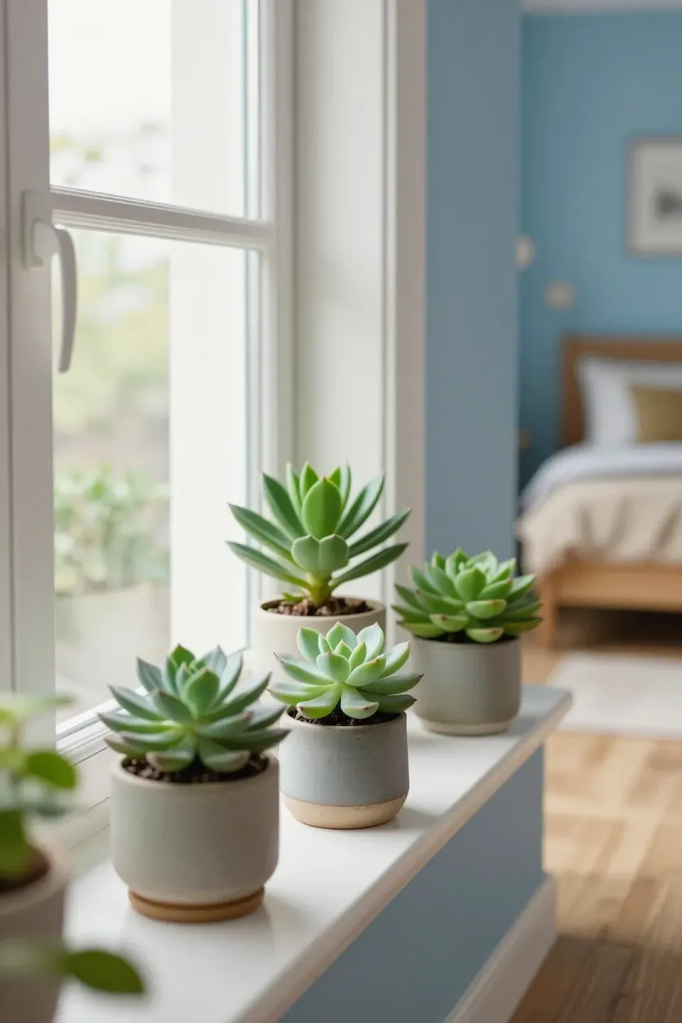 Small indoor plants on a windowsill in a blue and beige bedroom.
