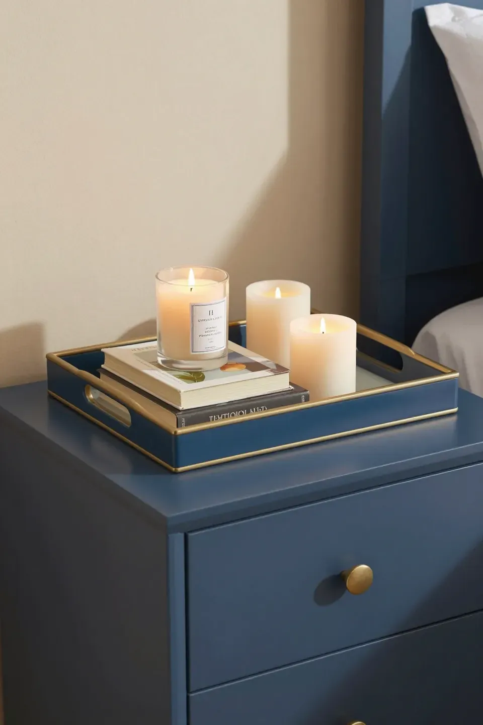 Decorative blue and tan trays on a nightstand in a blue and beige bedroom.