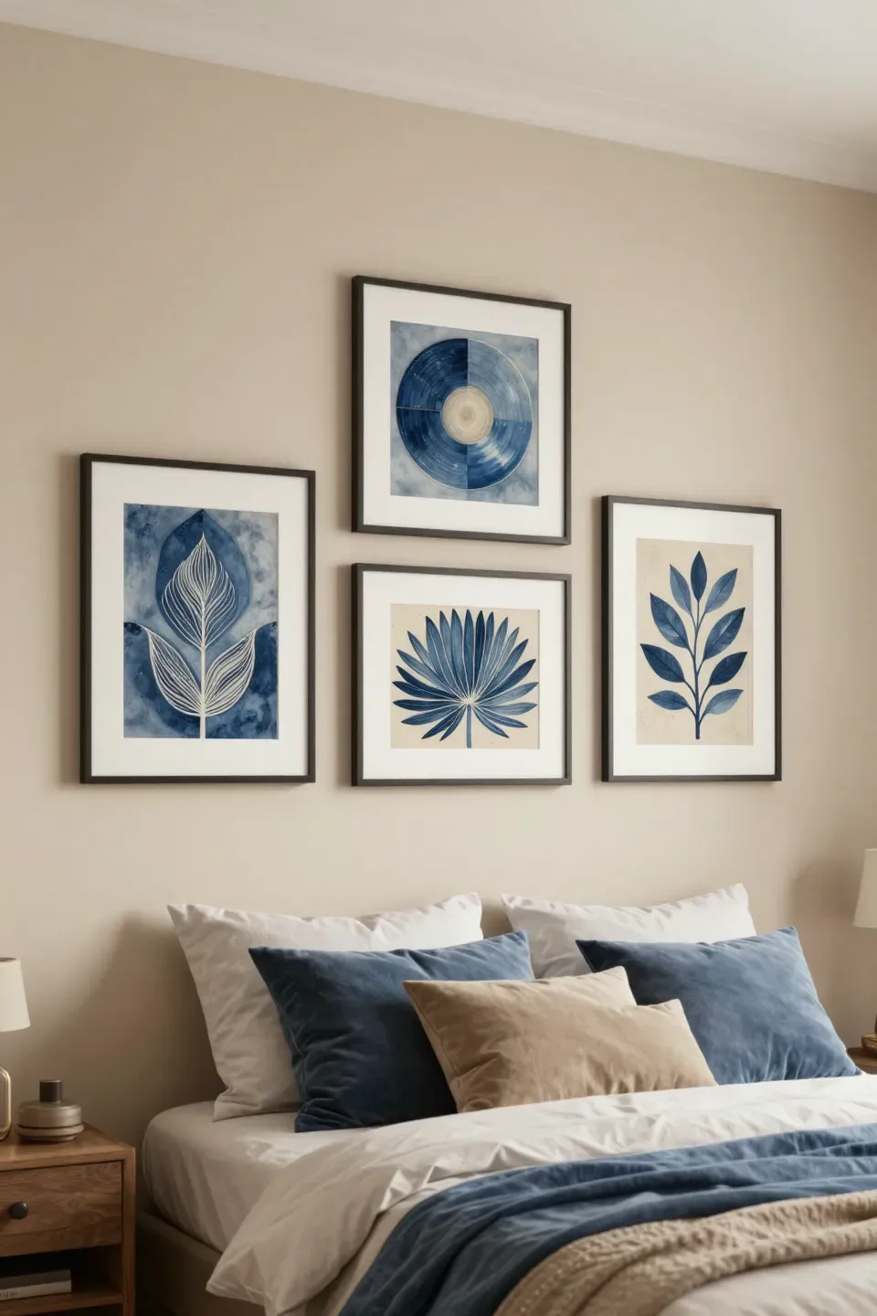 Art prints in blue and beige themes above a bed in a blue and beige bedroom.