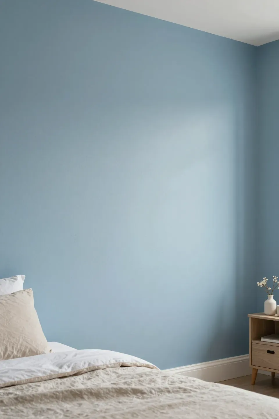 Calming sky blue wall paint in a blue and beige bedroom.