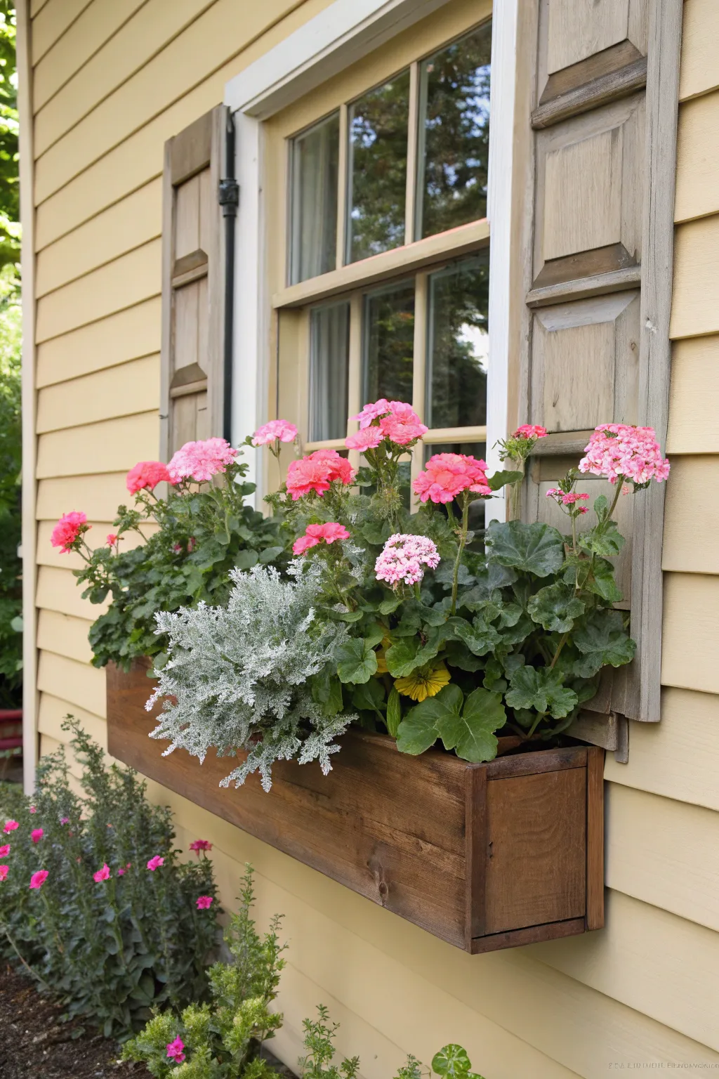A wooden flower box filled with pink geraniums and cascading vines under a sunny window.