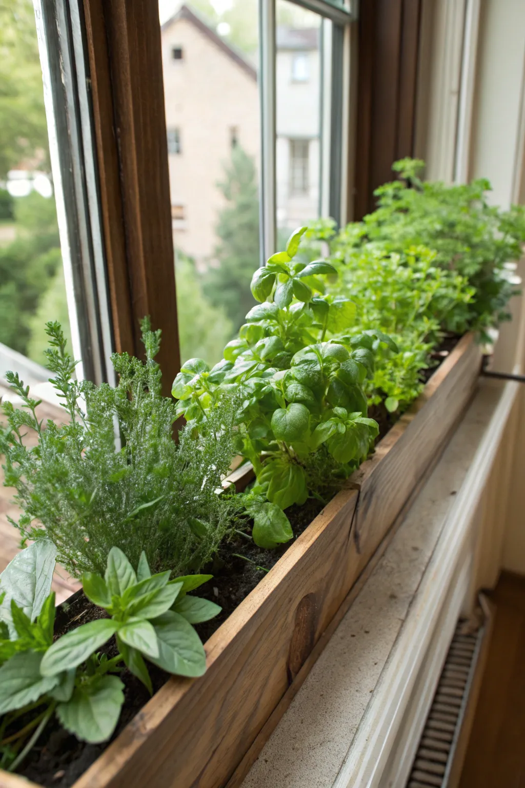A long kitchen window planter filled with vibrant herbs like basil and rosemary.