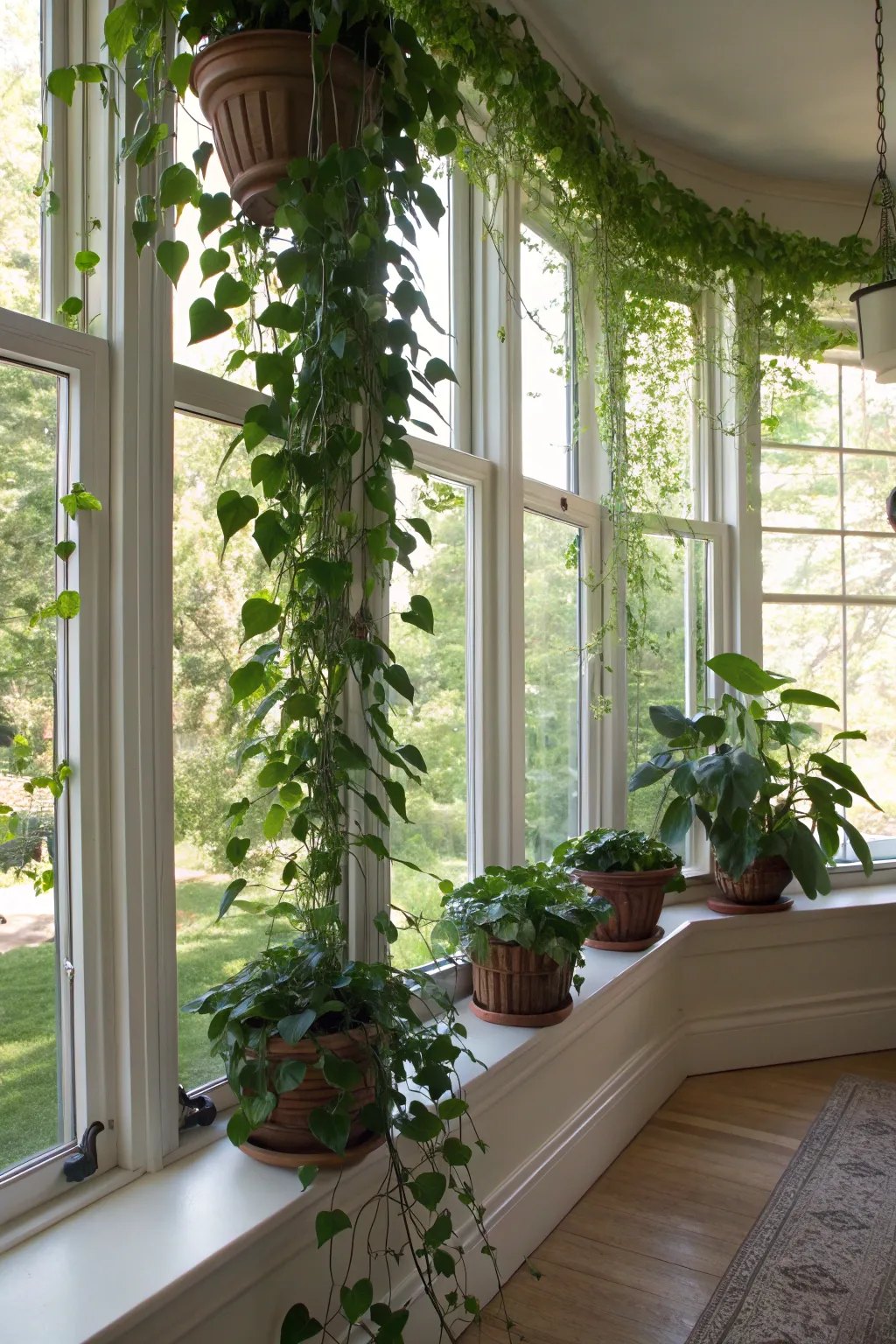 A bay window display with lush trailing vines cascading down from decorative pots.