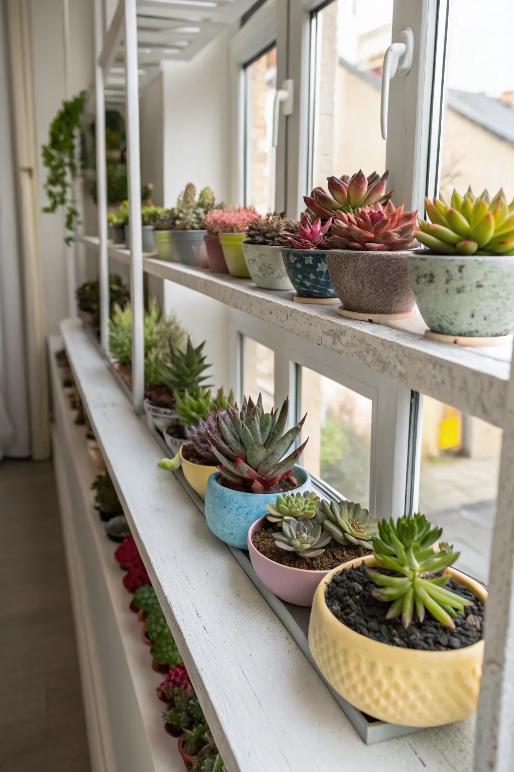 Colorful succulent arrangements displayed on window plant shelves.