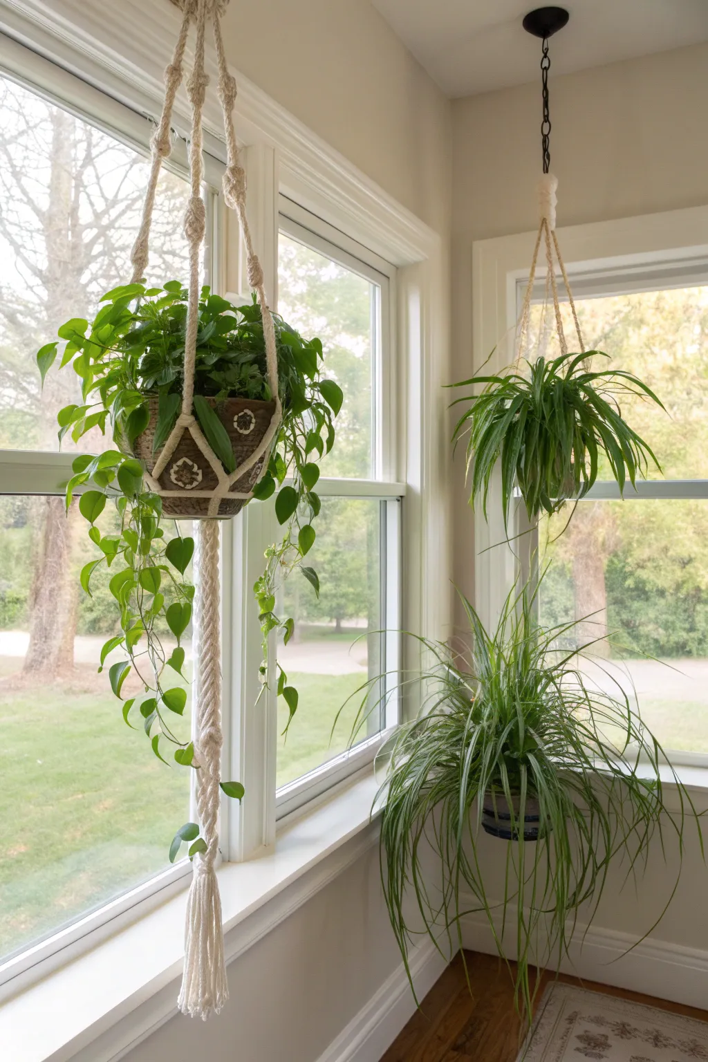 Decorative hanging plants in macramé holders in front of a window corner.