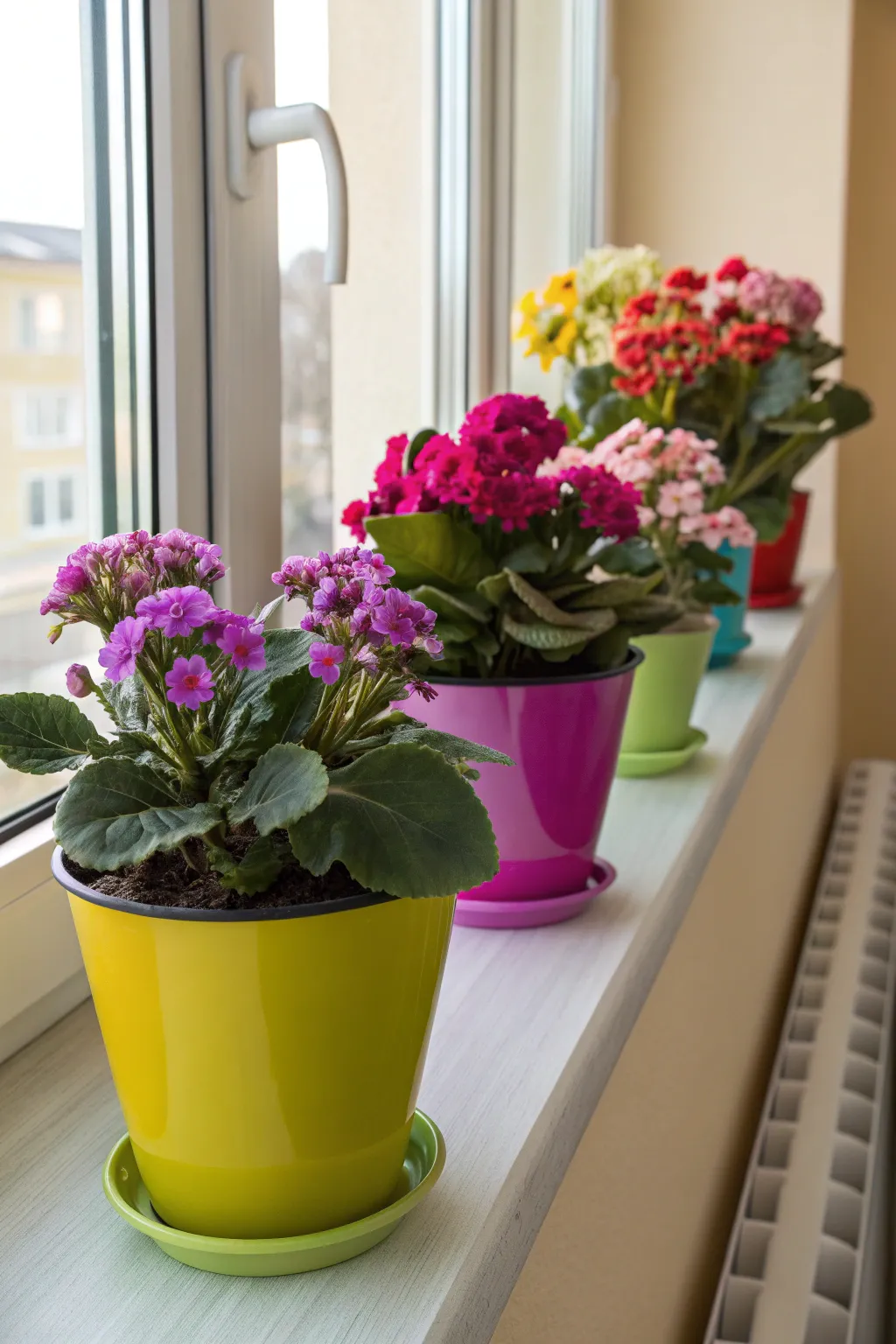 Brightly colored flower pots with blooming African violets on a sunny windowsill.