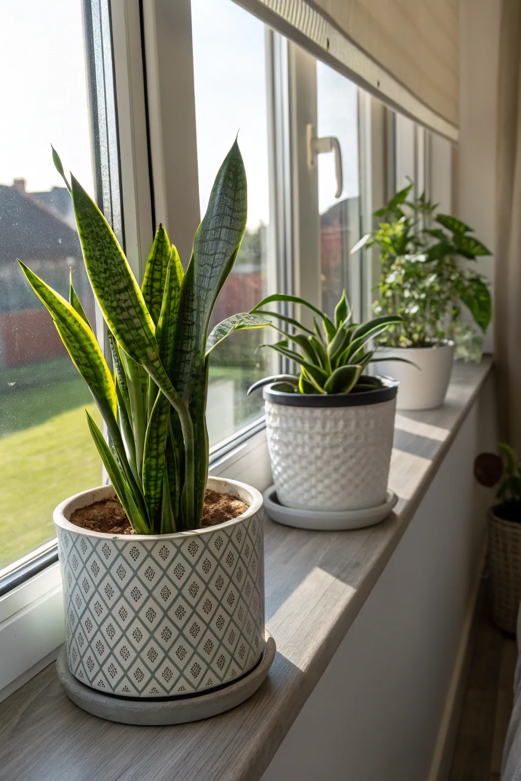 Stylish pots with low-light plants like snake plants on a cozy windowsill.