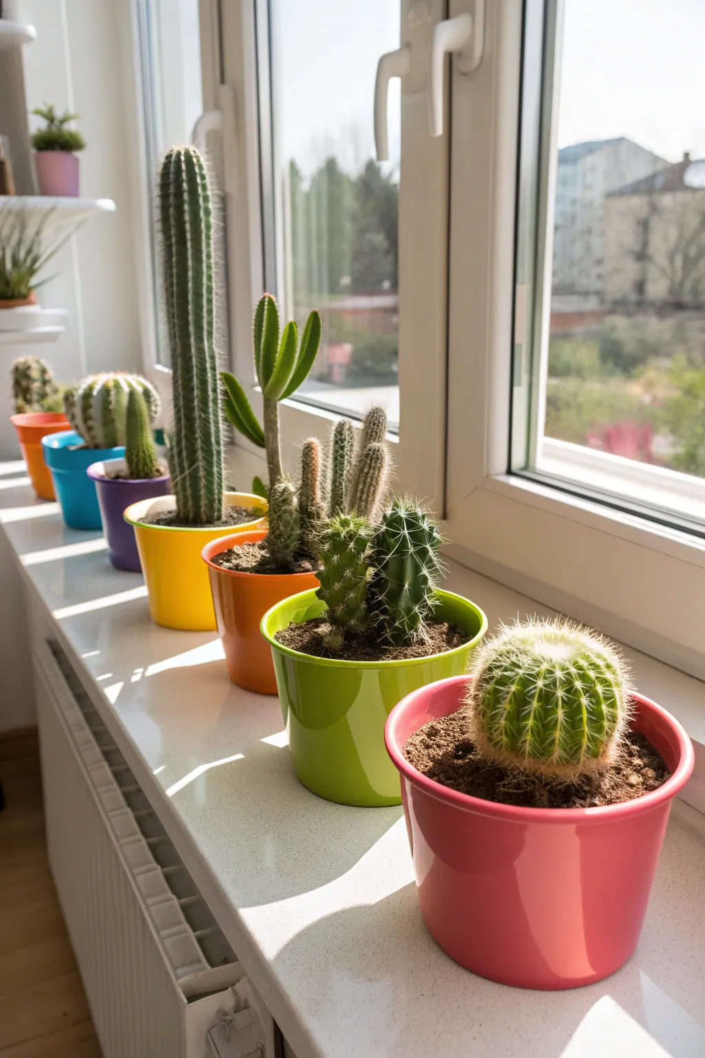 A vibrant collection of cacti in colorful pots on a sunny kitchen windowsill.