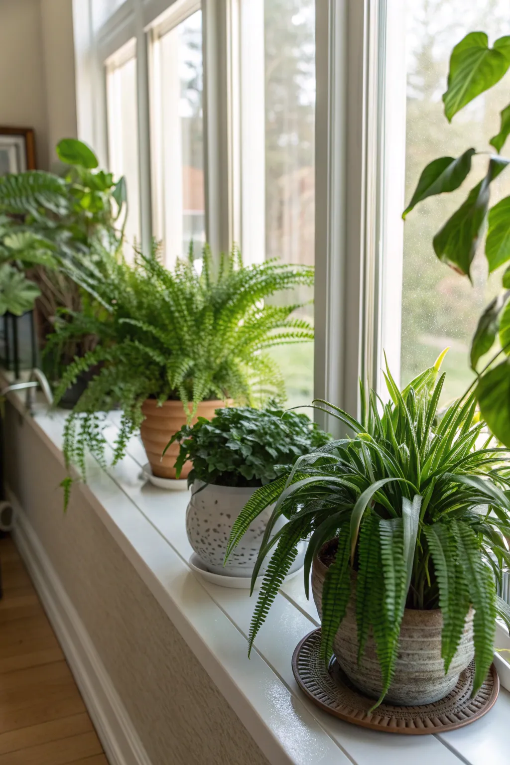A collection of pet-friendly spider plants and Boston ferns on an indoor windowsill.