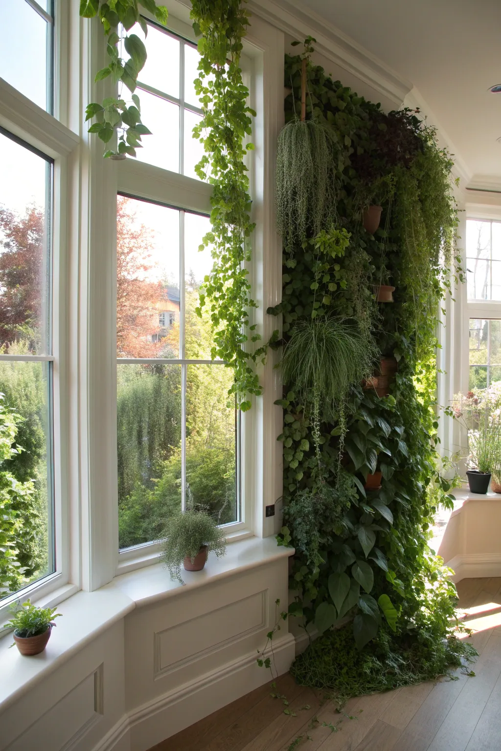 A vertical garden wall filled with herbs and trailing vines in a bright bay window.