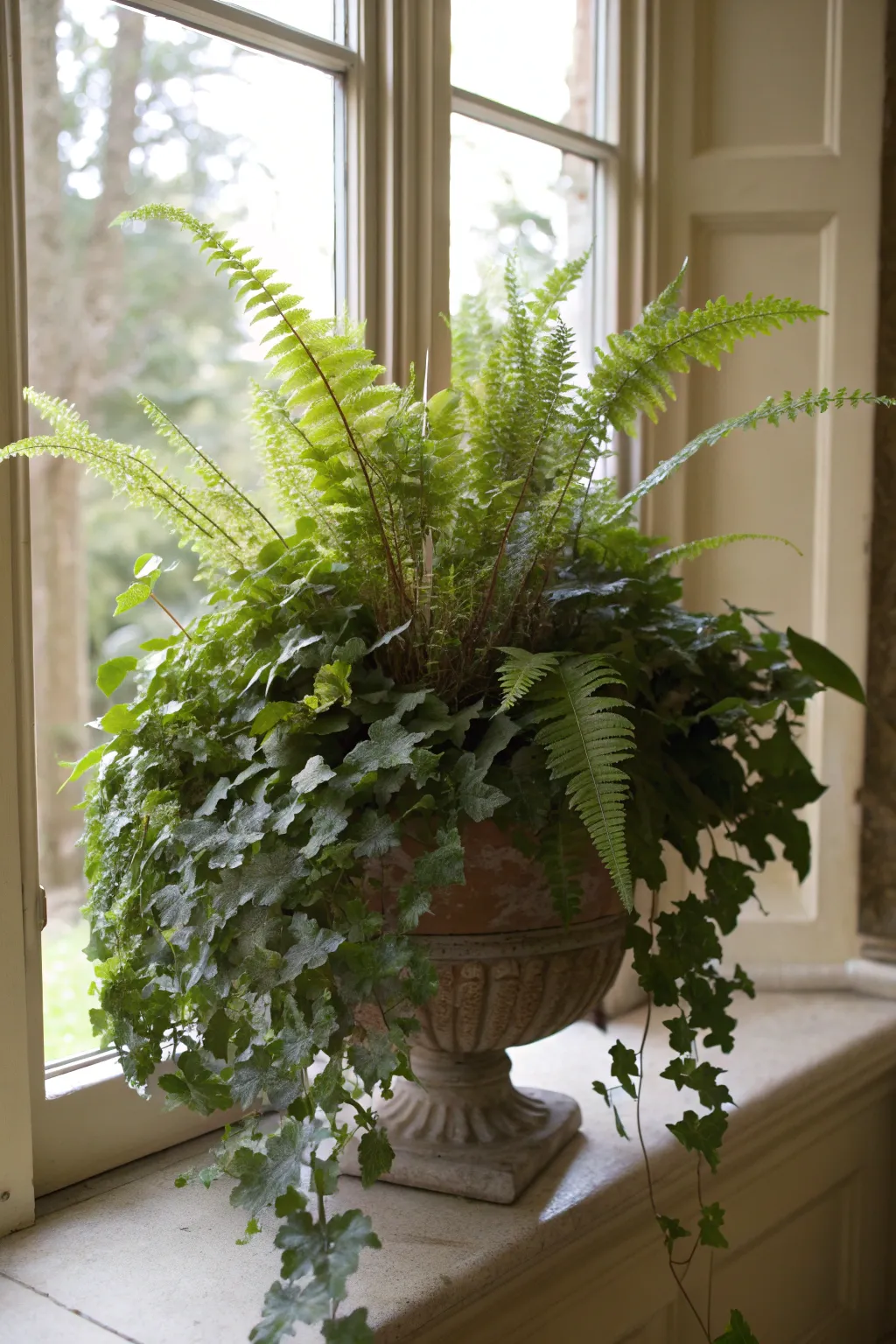 A lush planter filled with ferns and ivy on a bright windowsill.