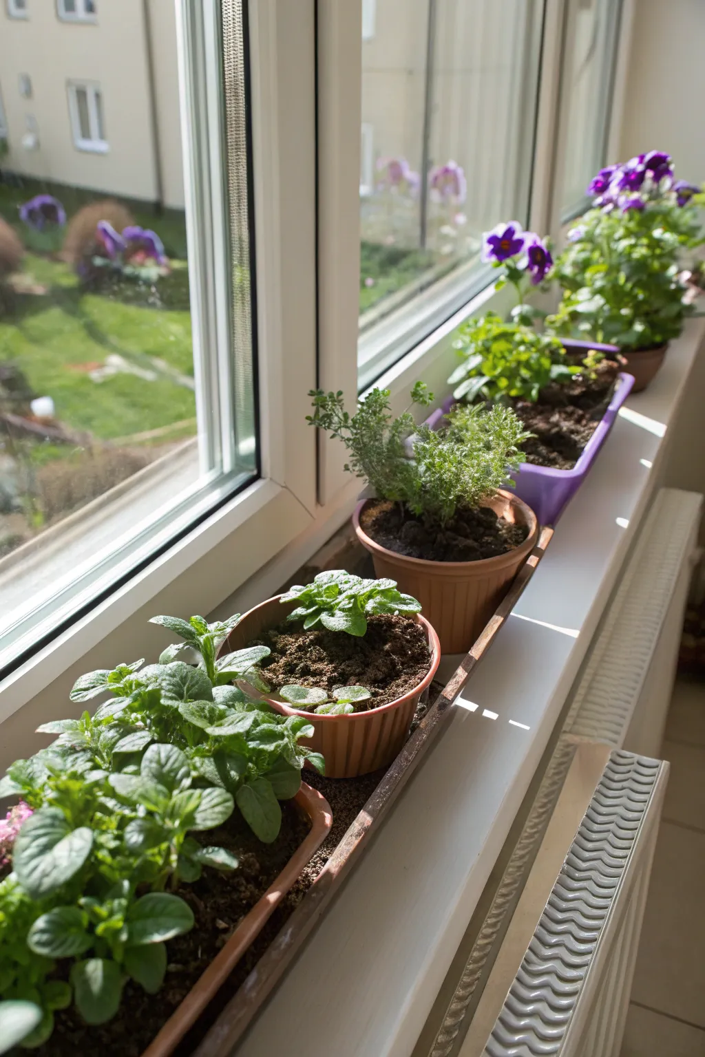 A compact indoor window planter with miniature herbs and violets on a sunny windowsill.
