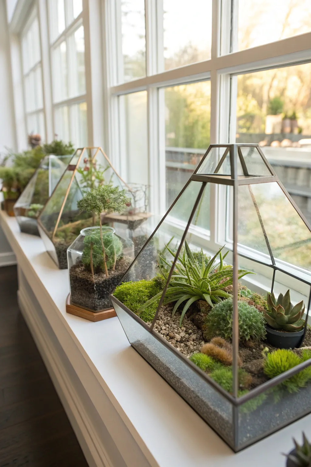 Stylish terrariums with moss and succulents displayed on window shelves.