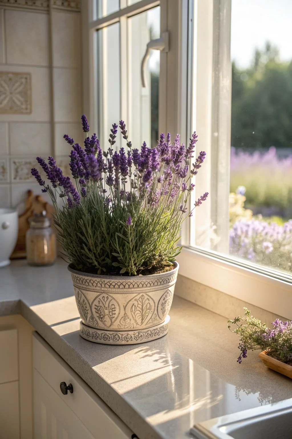 A fragrant lavender plant in a decorative pot on a sunny kitchen windowsill.