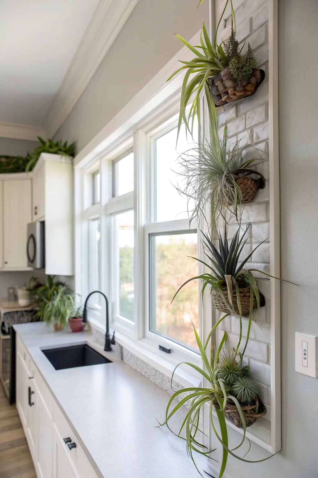 Air plants mounted on wall holders near a kitchen window, showcasing modern decor.