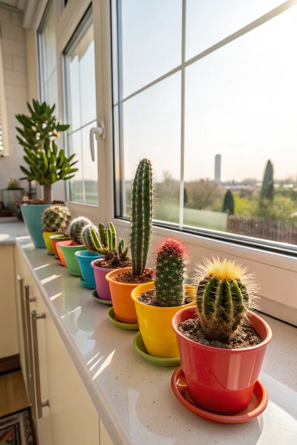 A vibrant collection of miniature cacti displayed in colorful pots on a kitchen windowsill.