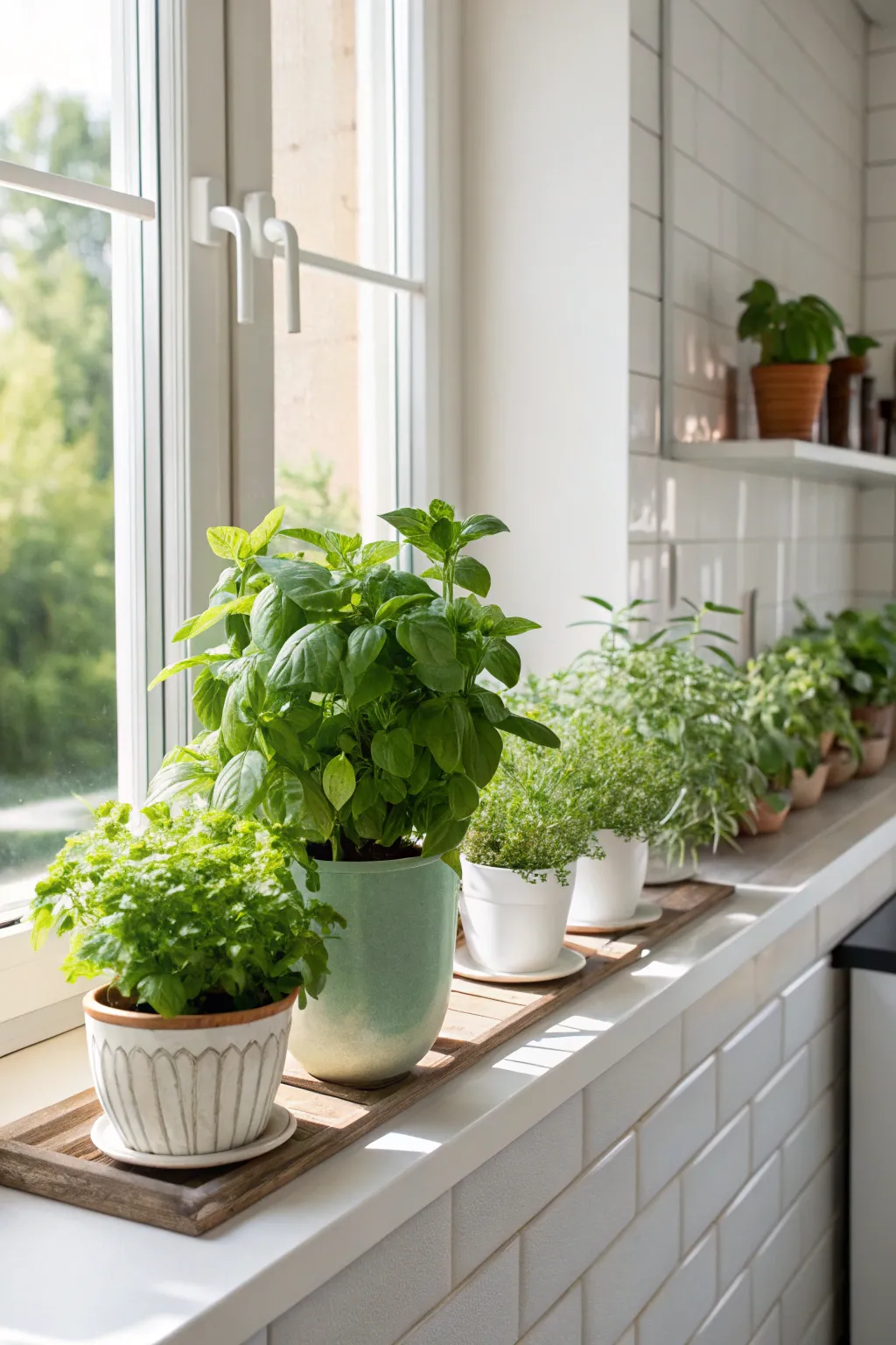 Potted basil and mint on a kitchen windowsill, providing fresh herbs for cooking.