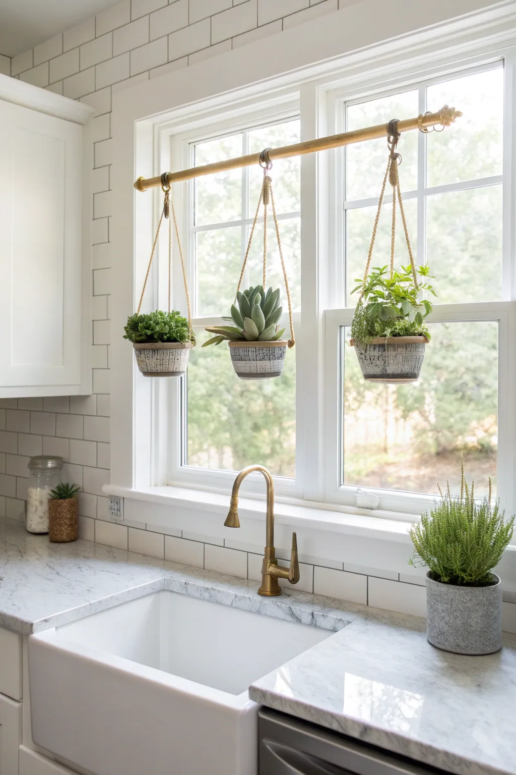 Bright kitchen window with hanging planters and succulents over a sink.