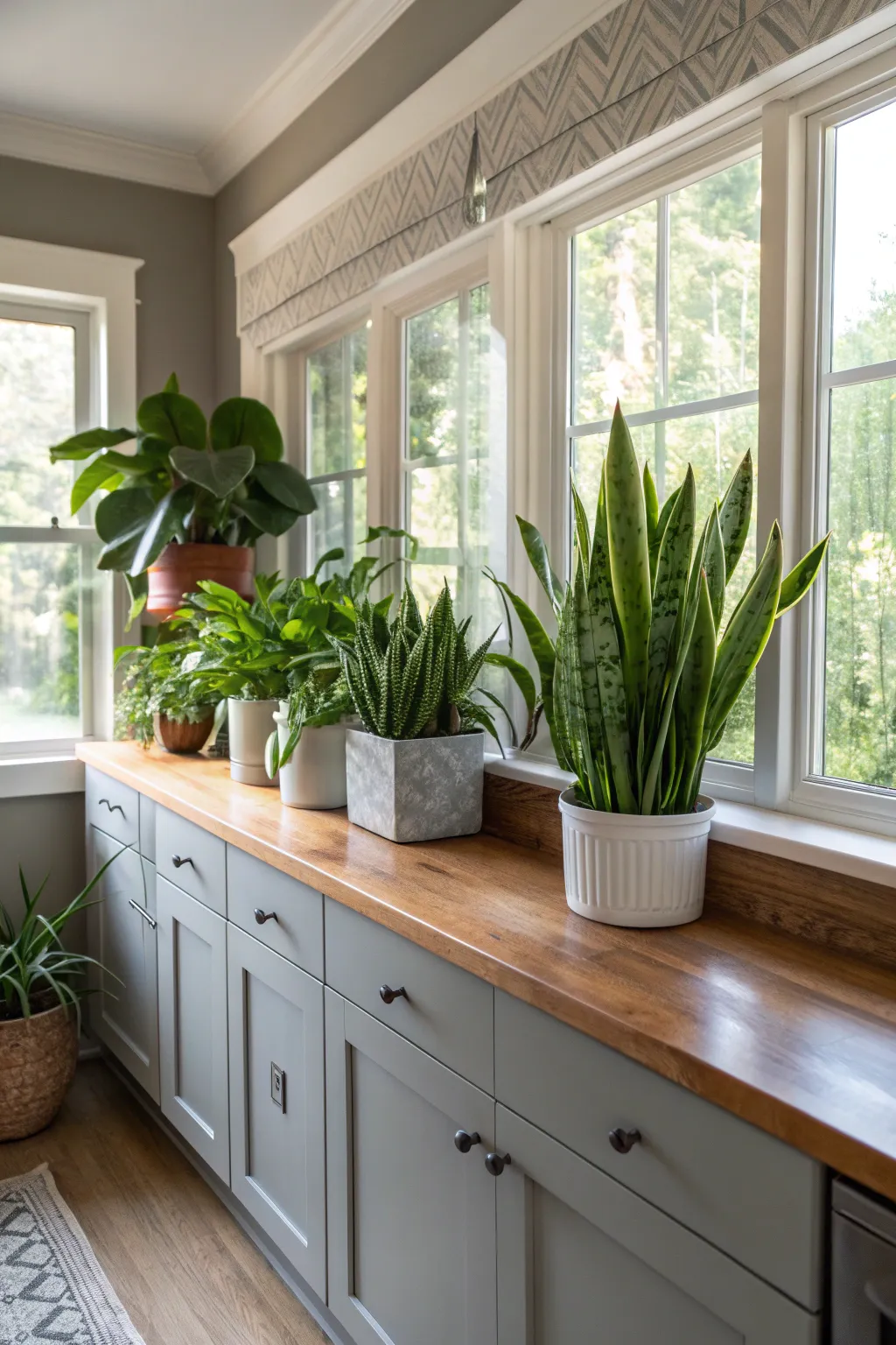 Snake plants and ZZ plants on a windowsill in a cozy kitchen.