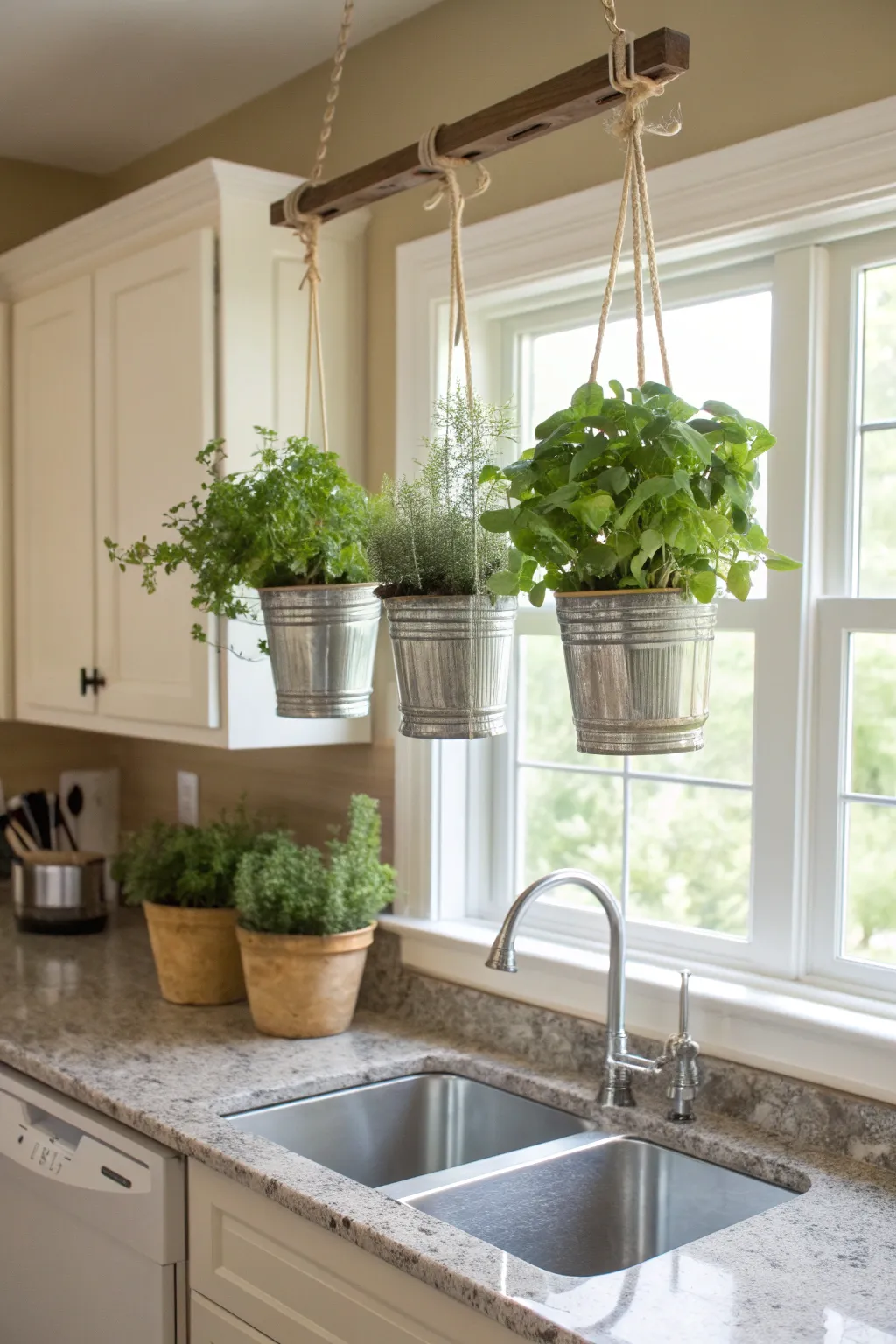 Hanging pots with herbs above a modern kitchen sink.