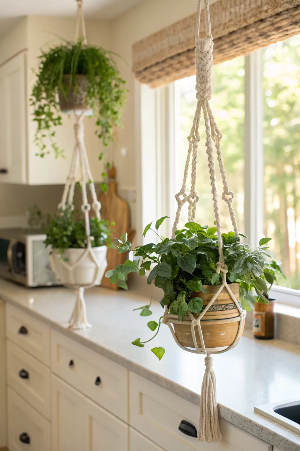 Macramé plant holders with greenery above a modern kitchen sink.