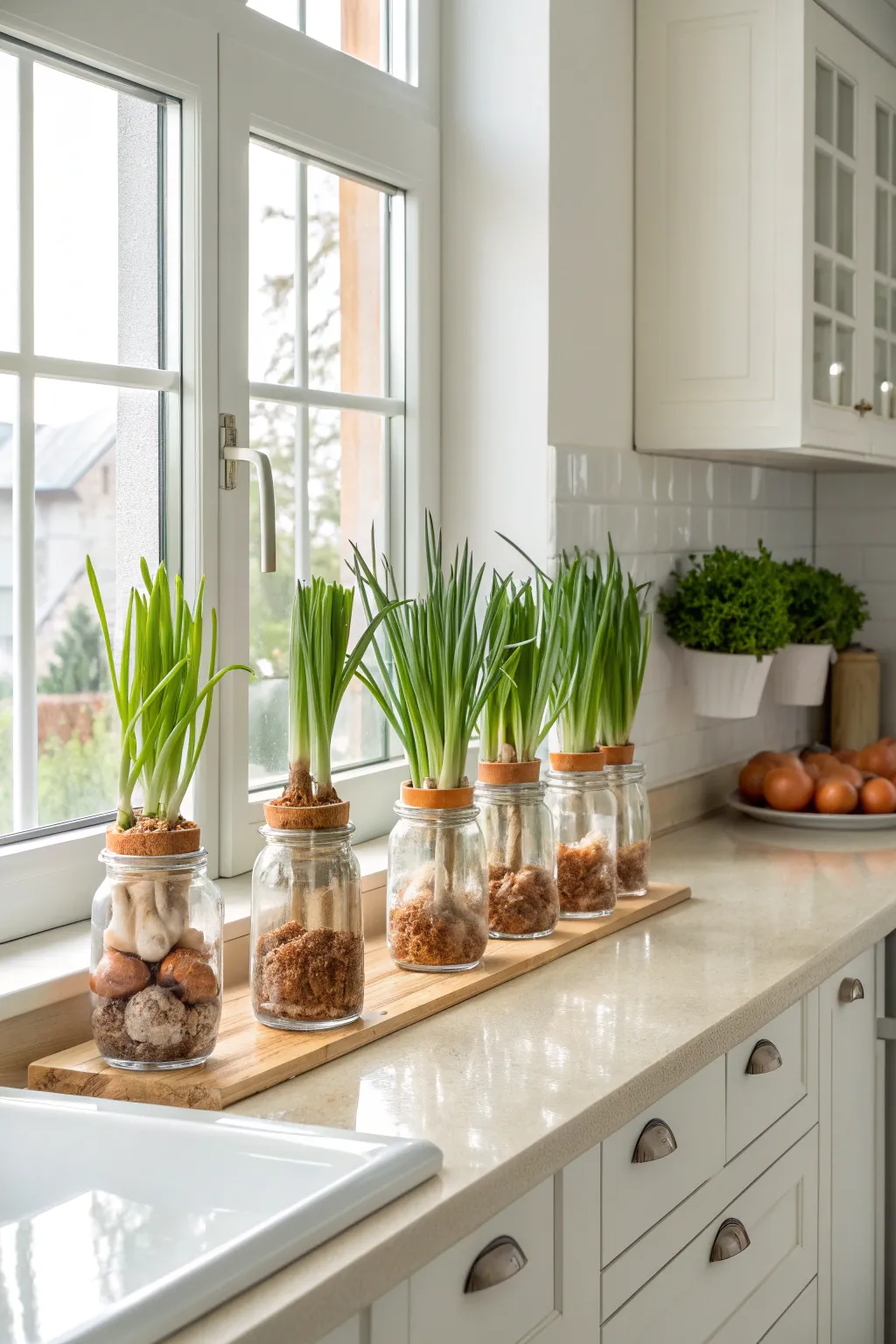 Decorative jars filled with scallions and sweet potatoes growing roots on a kitchen window sill.