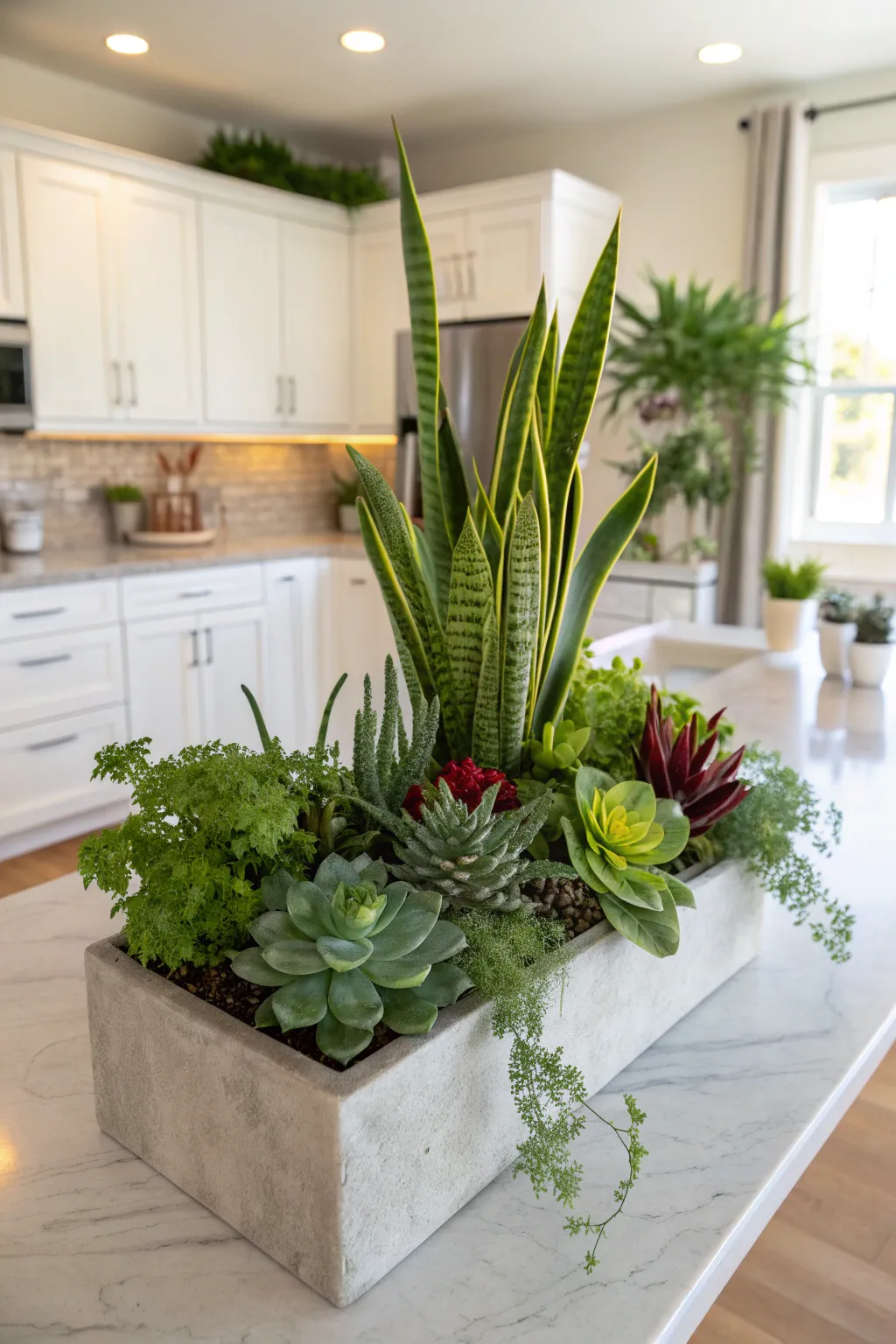 Layered plant display on a kitchen countertop featuring snake plants and succulents.