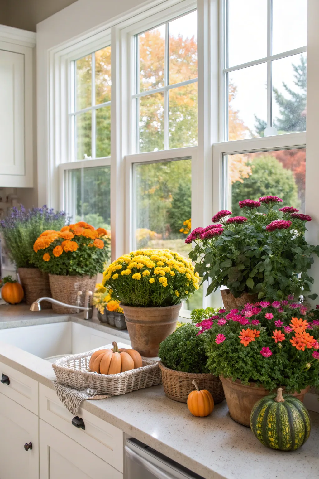 Seasonal potted plants arranged on a kitchen window, featuring blooming flowers and autumn gourds.