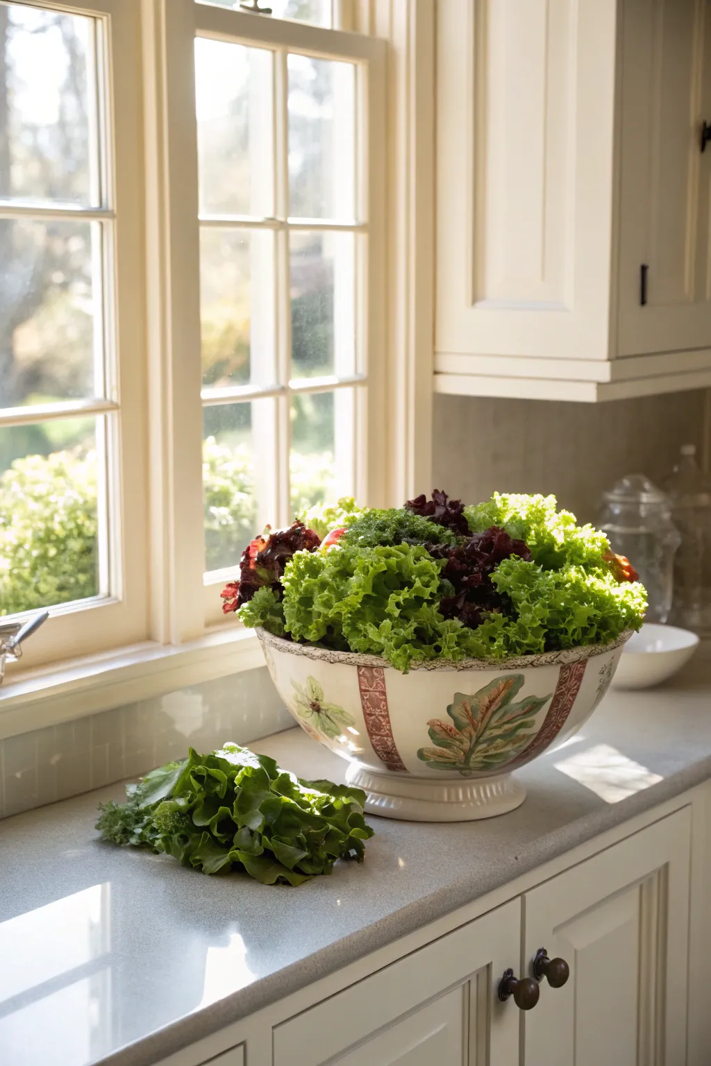 A decorative bowl filled with mixed greens like lettuce and kale on a kitchen window sill.