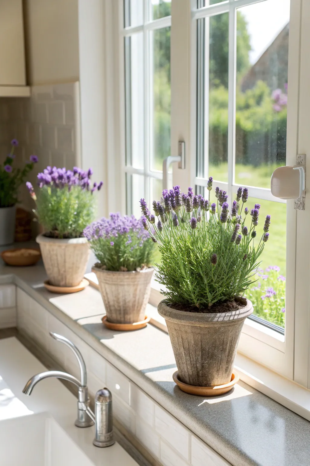 Potted lavender plants on a kitchen window sill, showcasing their vibrant purple flowers and green foliage.