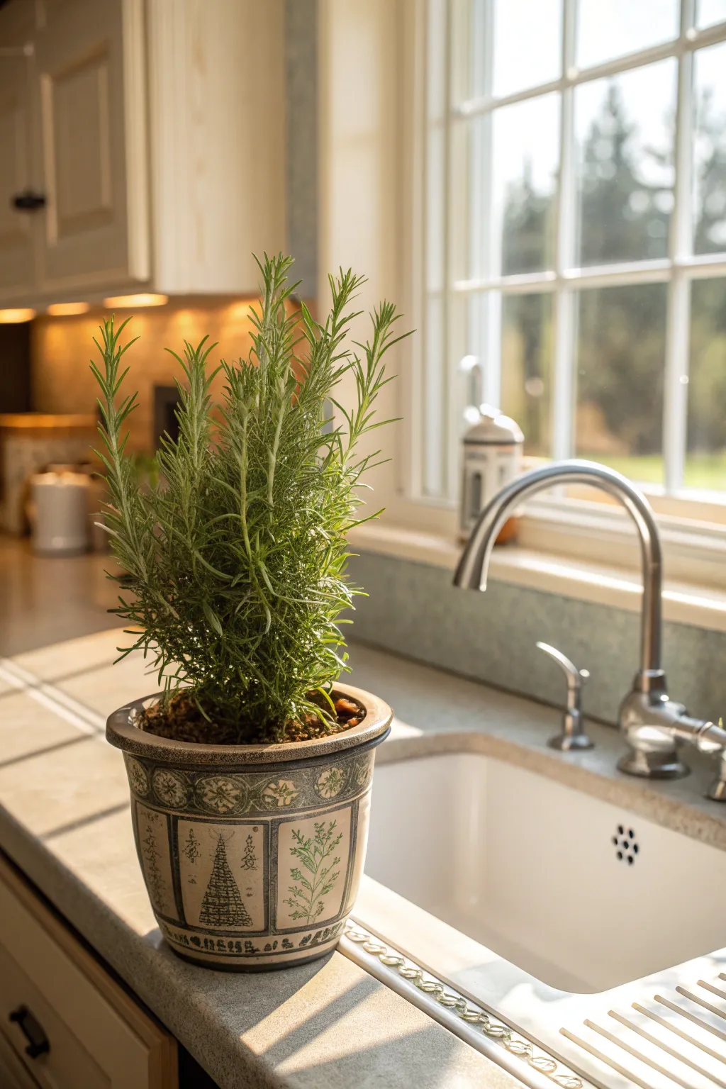A potted rosemary plant by a kitchen sink, ready for use while cooking.