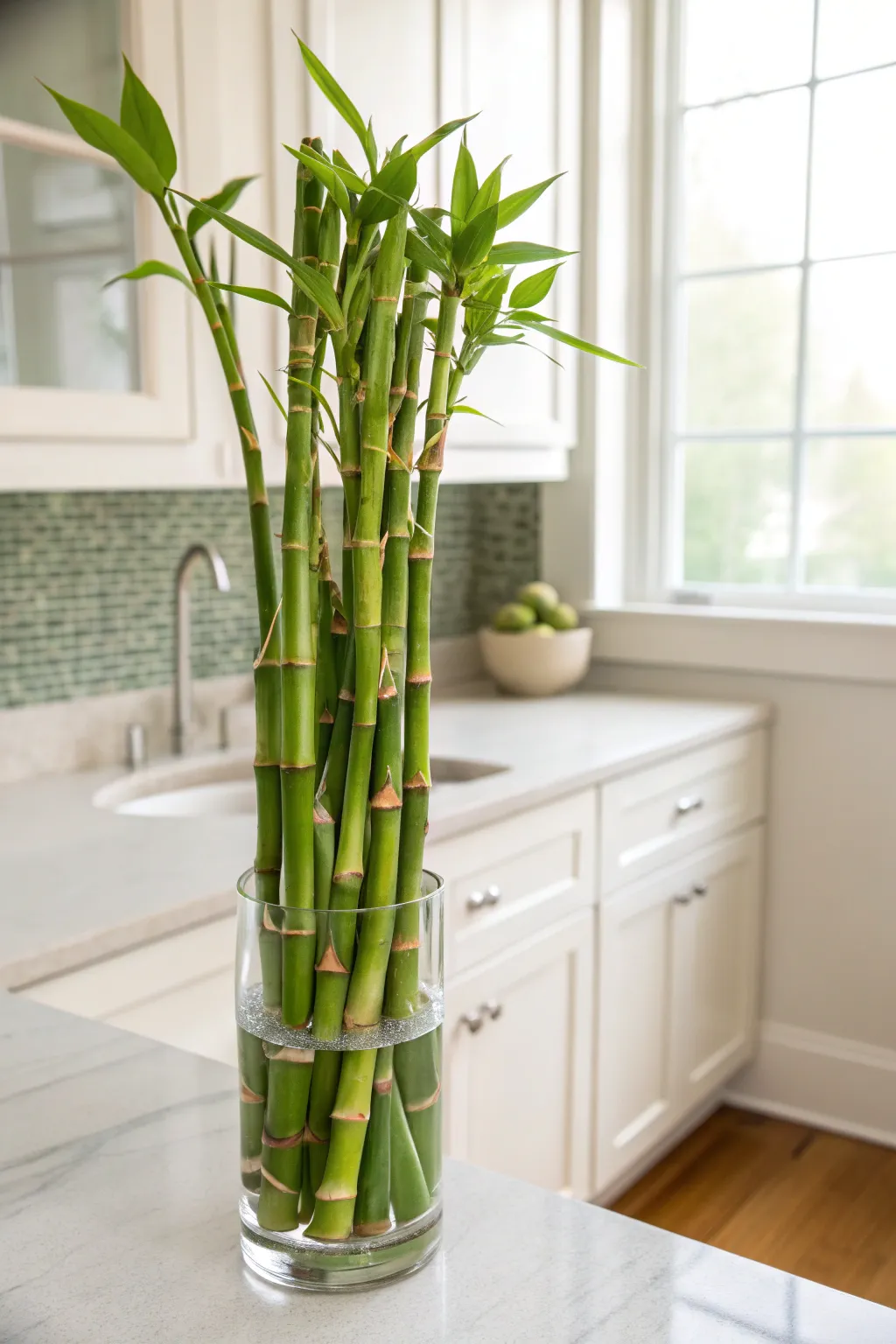 Bamboo stalks arranged in a clear vase filled with water on a kitchen countertop.