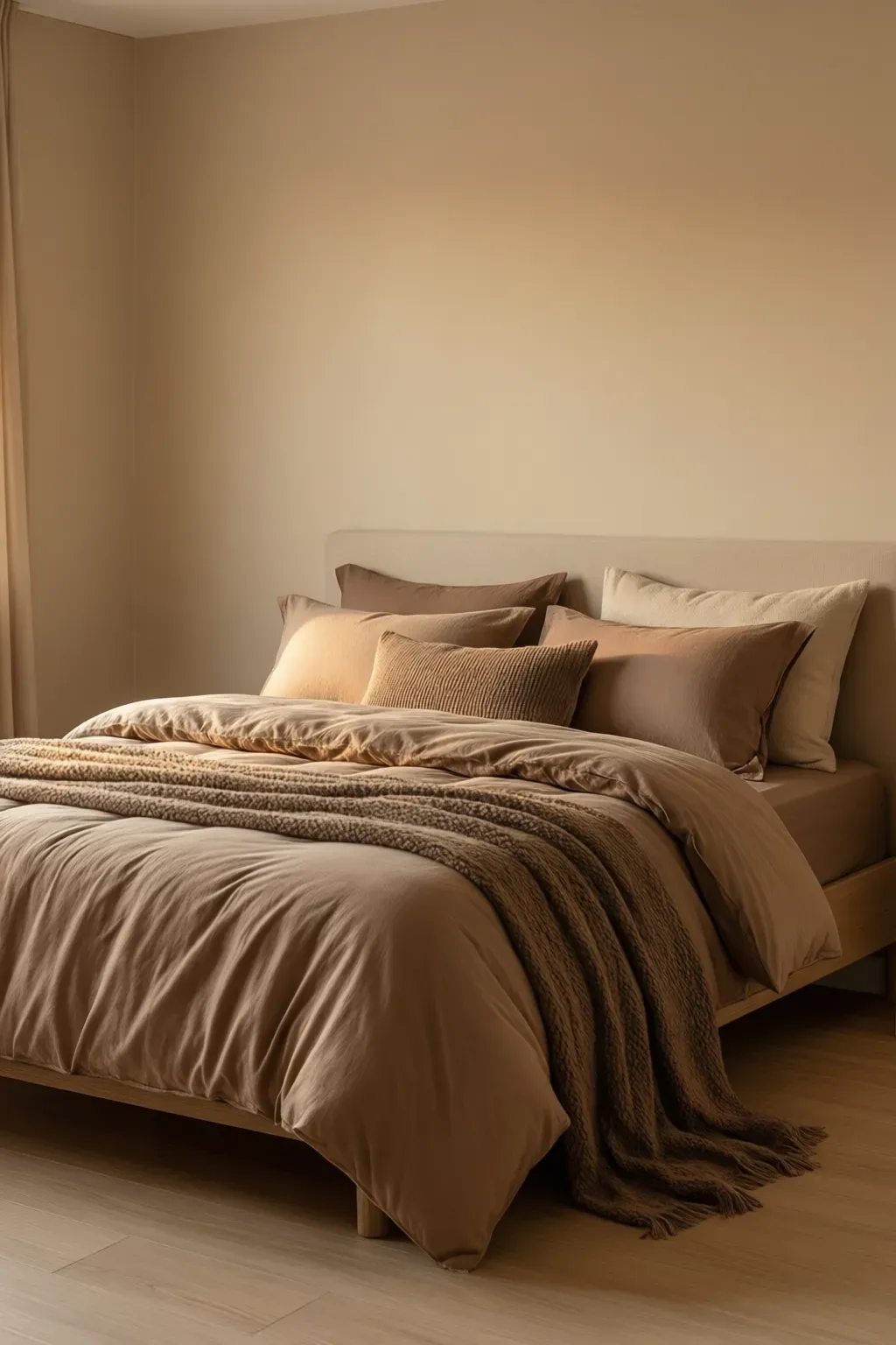 Warm beige bedroom with layered mocha bedding, showcasing various textures and cozy accents.