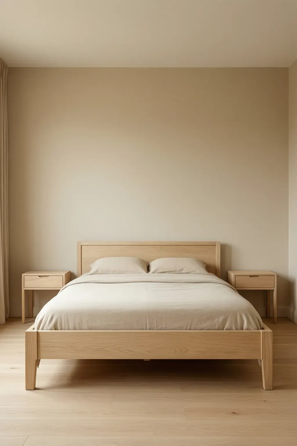 Warm beige bedroom featuring natural wood furniture in creamy tones, enhancing a fresh and airy vibe.