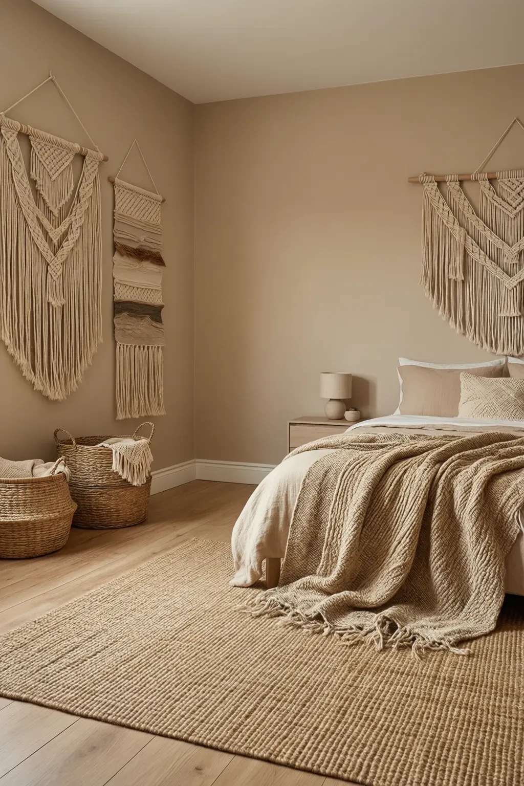 Warm beige bedroom with woven textiles like a jute rug and macramé wall hangings, enhancing comfort.