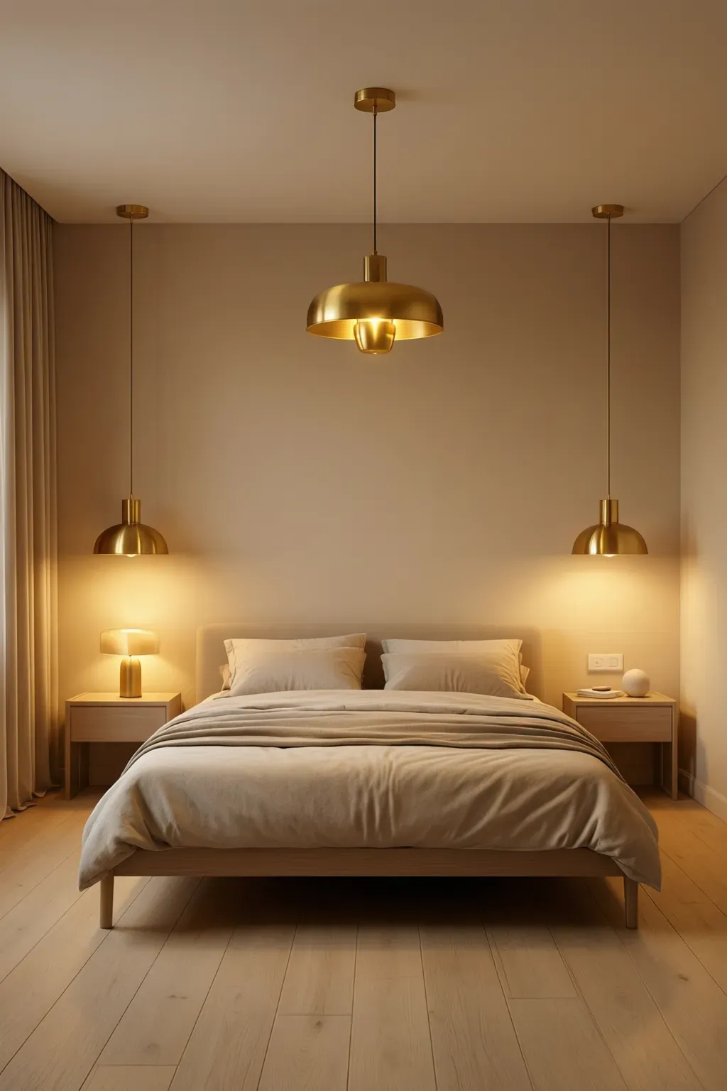 Cozy bedroom with soft lighting from warm gold fixtures, creating an inviting atmosphere.
