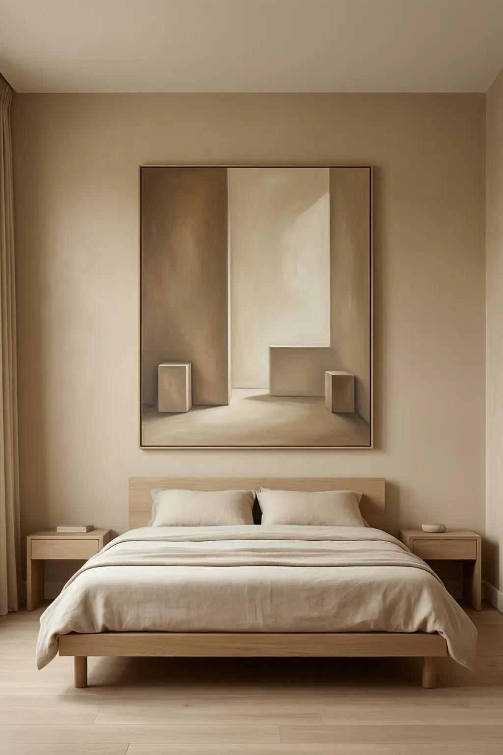 Warm beige bedroom featuring minimalist art with a neutral palette, creating a serene atmosphere.