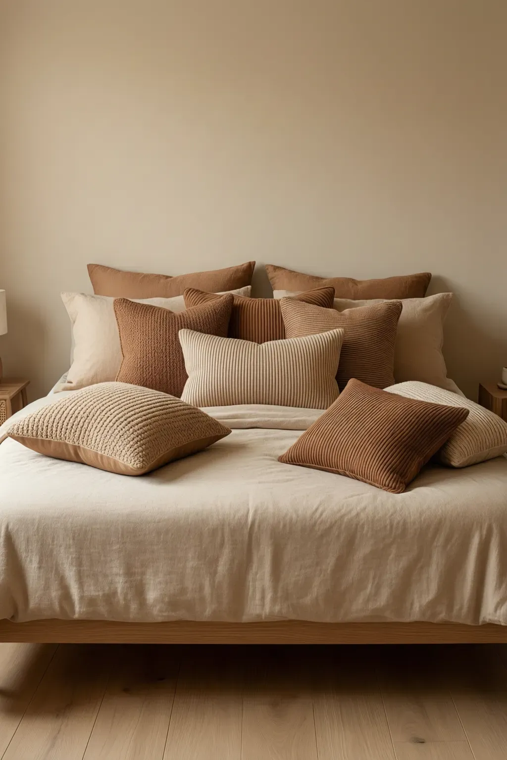 Cozy bedroom with accent pillows in varied textures, adding warmth and personality to the bed.