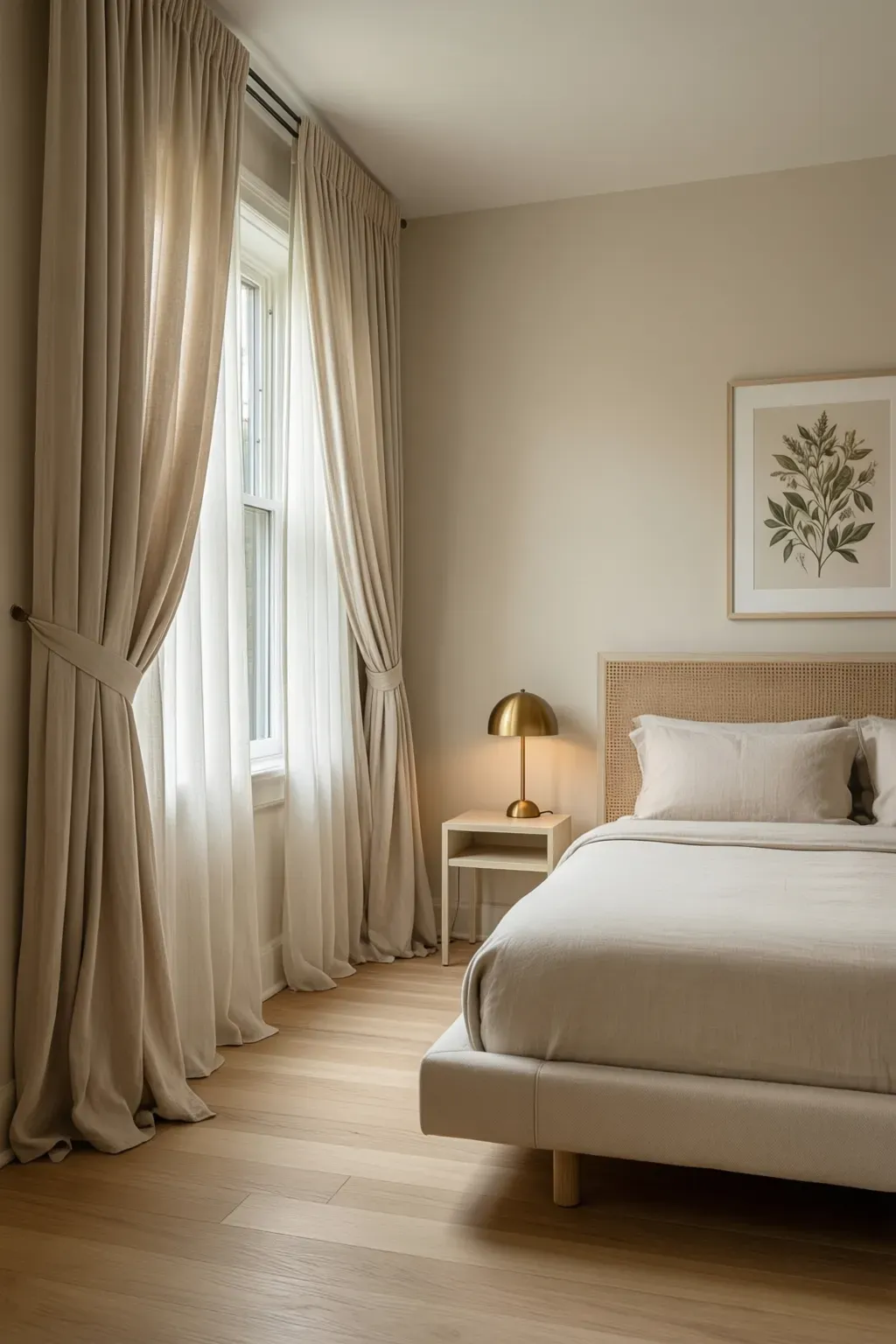 A cozy master bedroom with light beige draped curtains and soft natural light.