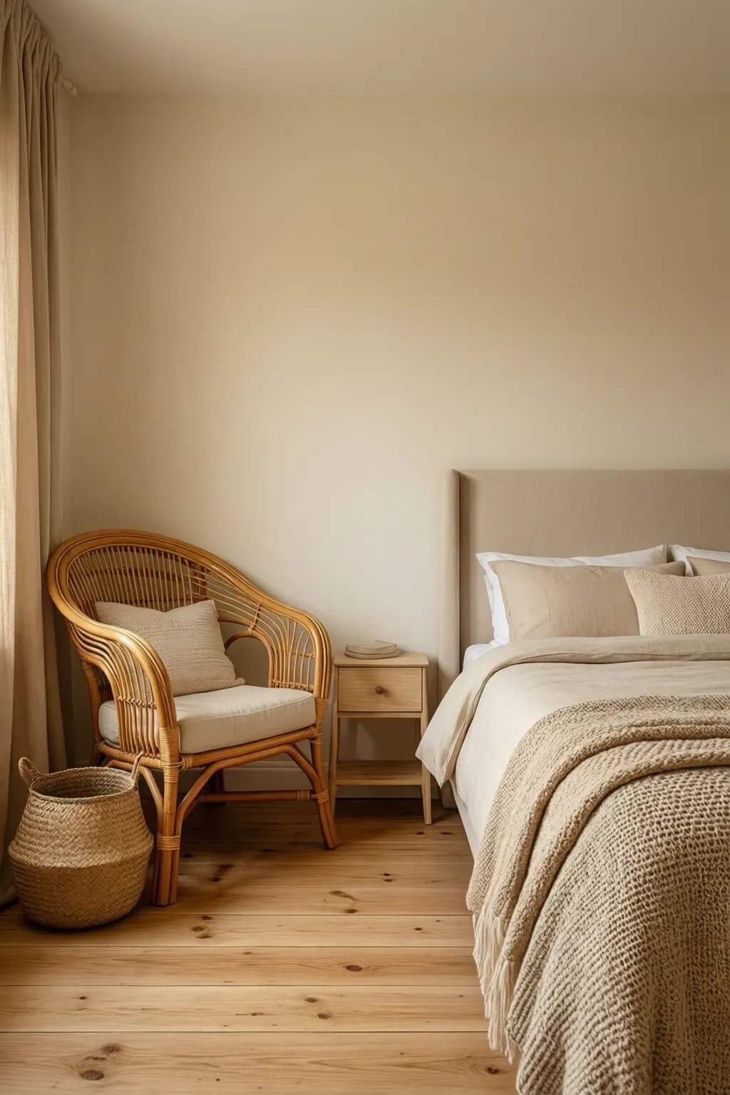 A cozy beige bedroom featuring rattan furniture and warm textures.