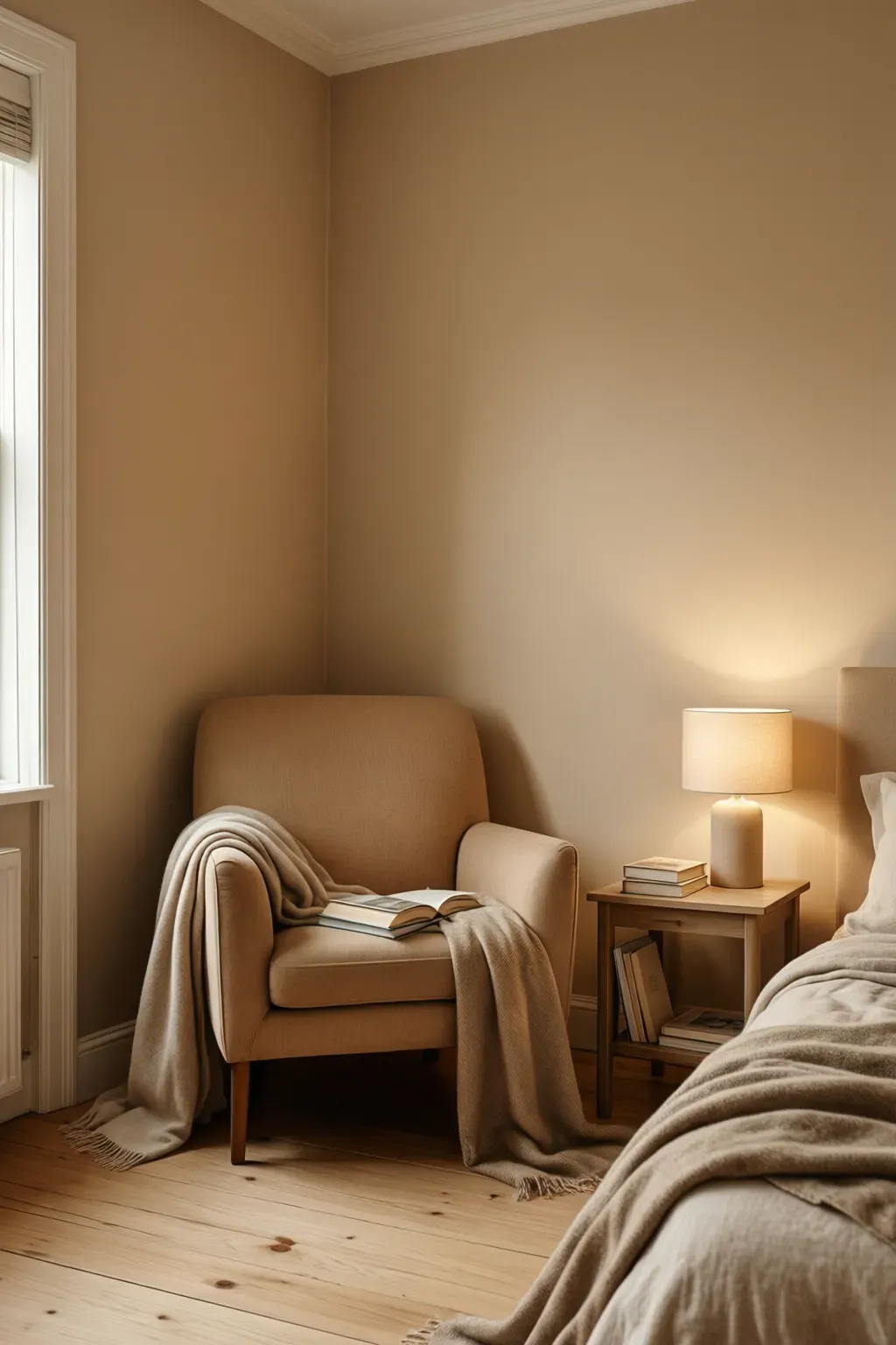 A cozy reading nook in a beige bedroom with a comfortable chair and soft blanket.