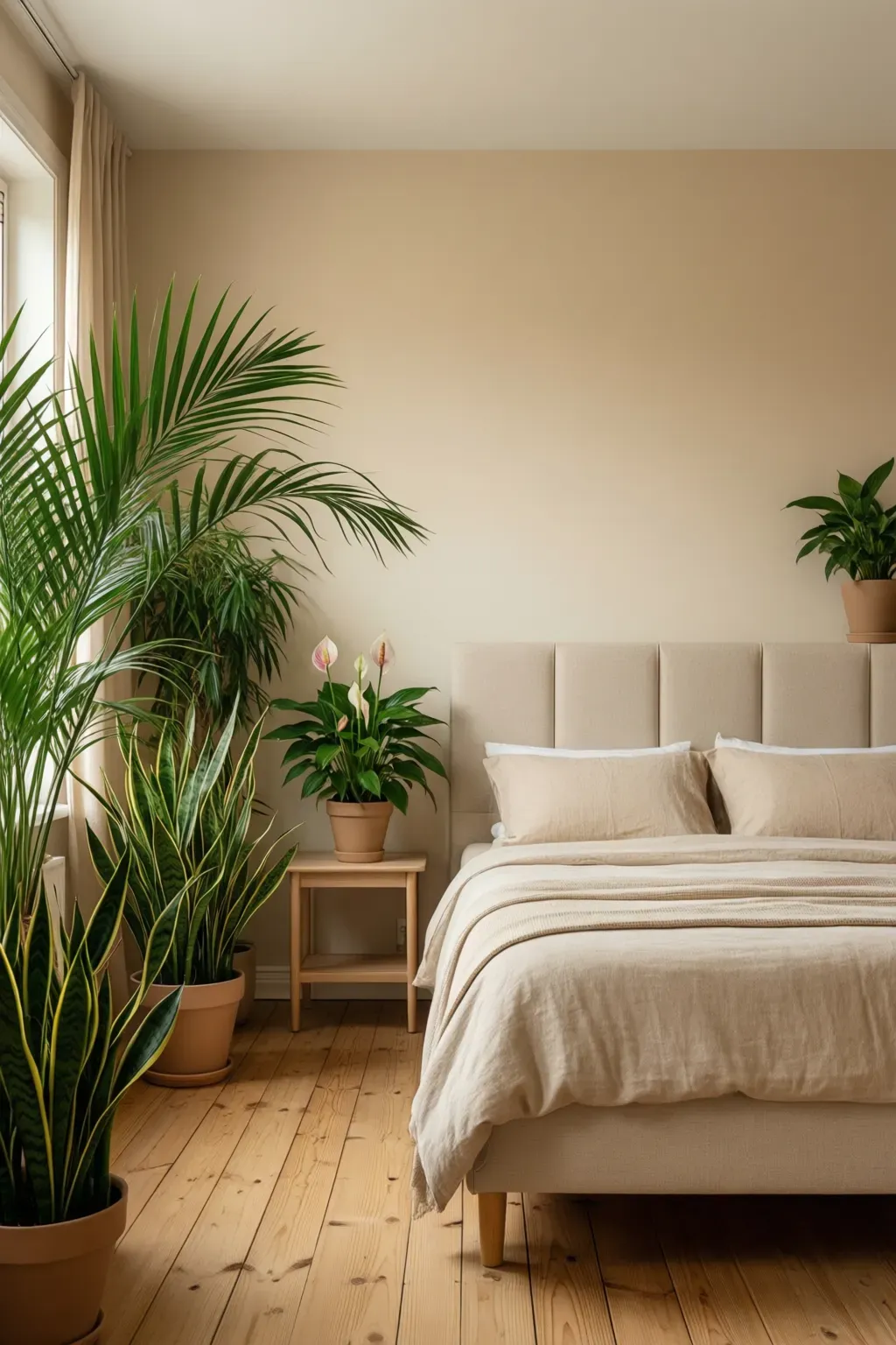 A cozy beige bedroom featuring decorative plants for a refreshing touch.