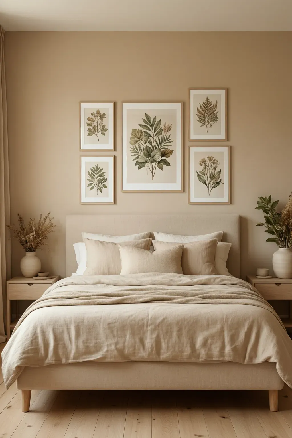 A cozy beige bedroom with framed botanical prints above the bed for a natural touch.