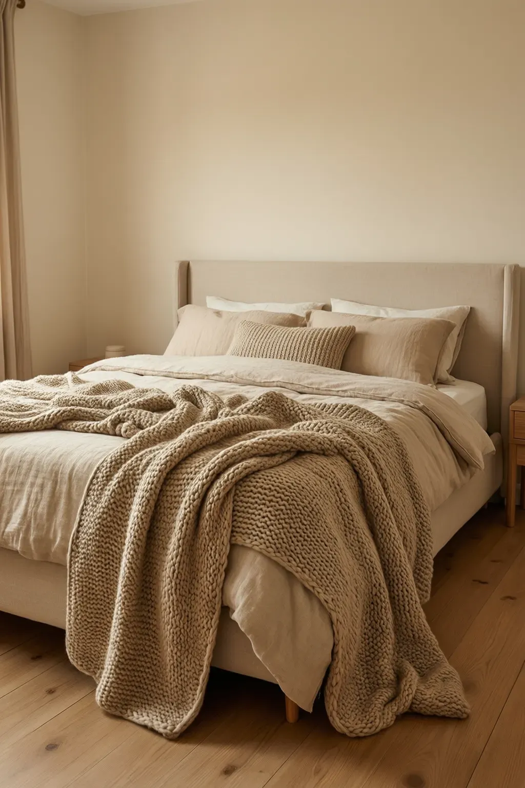 A cozy beige bedroom with chunky knitted throws adding warmth to the decor.