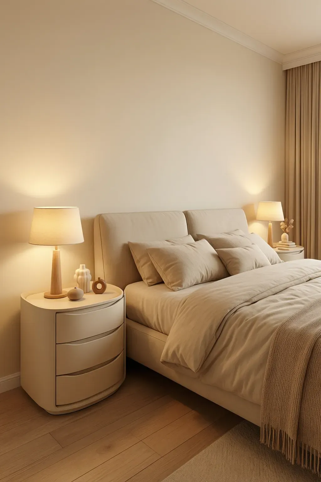 A cozy beige bedroom featuring sleek nightstands with soft curves for a warm aesthetic.