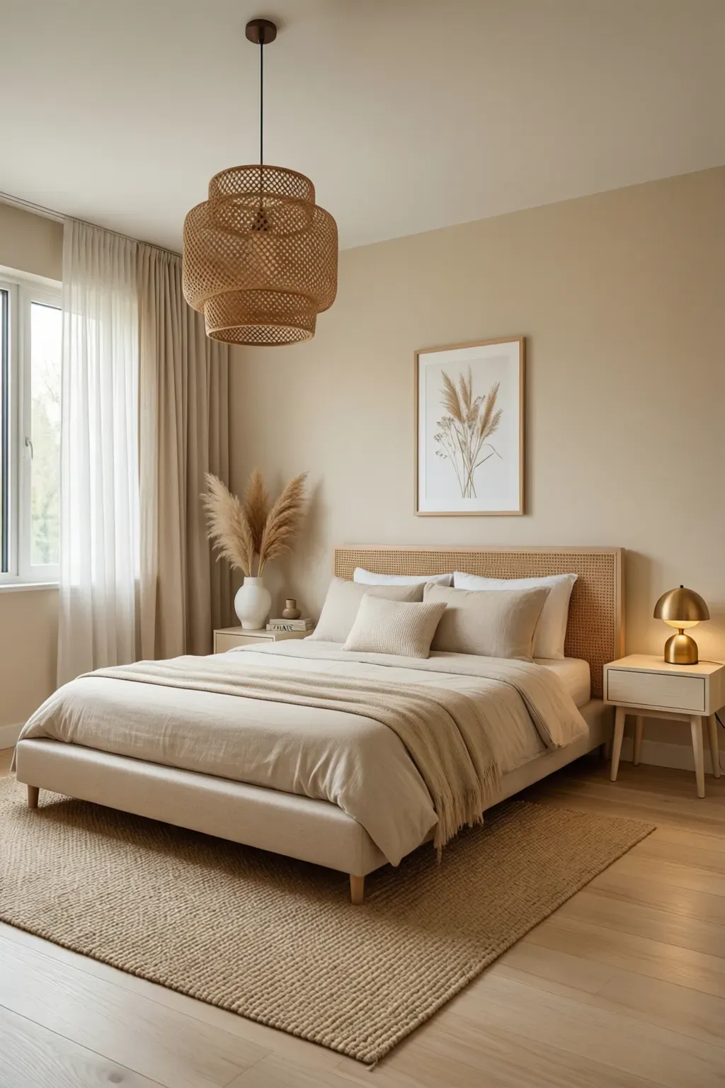 A cozy master bedroom with light wood flooring, beige walls, and elegant decor.