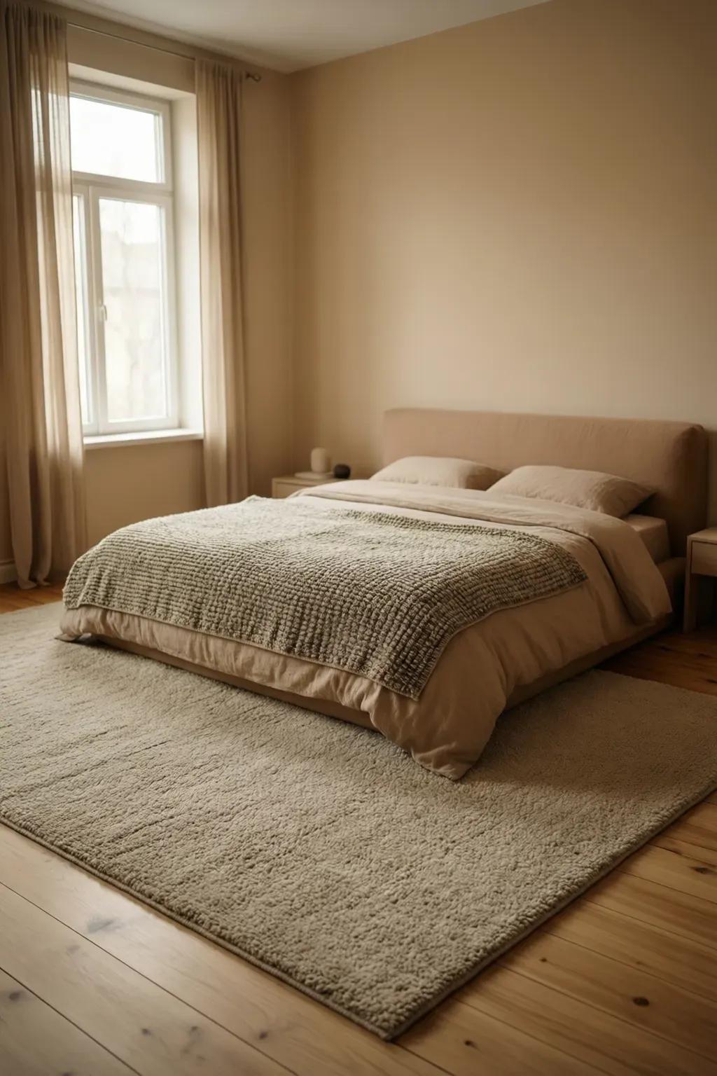 Layered rugs in a cozy bedroom, featuring a neutral base rug and a textured top rug.